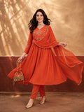 Women's Orange Embroidered Kurta Set with Dupatta | Festive Straight Ethnic Party Wear Suit