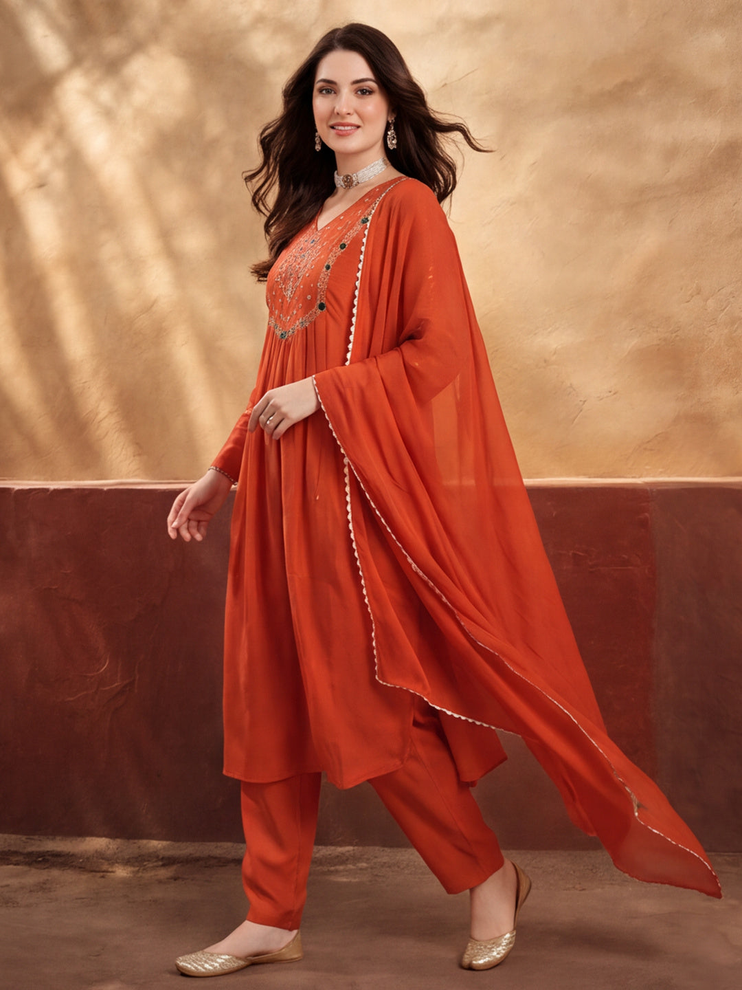 Women's Orange Embroidered Kurta Set with Dupatta | Festive Straight Ethnic Party Wear Suit