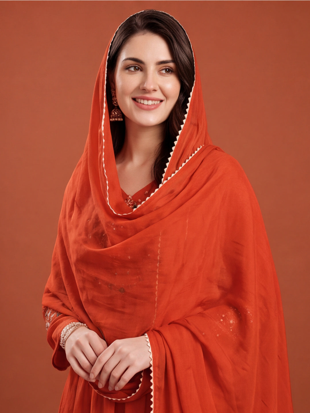 Women's Orange Embroidered Kurta Set with Dupatta | Festive Straight Ethnic Party Wear Suit