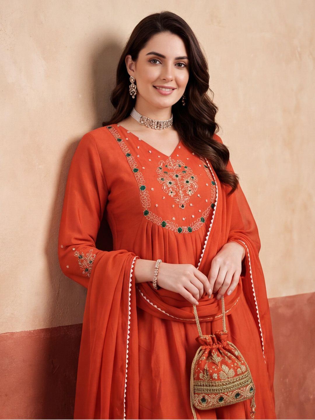 Women's Orange Embroidered Kurta Set with Dupatta | Festive Straight Ethnic Party Wear Suit