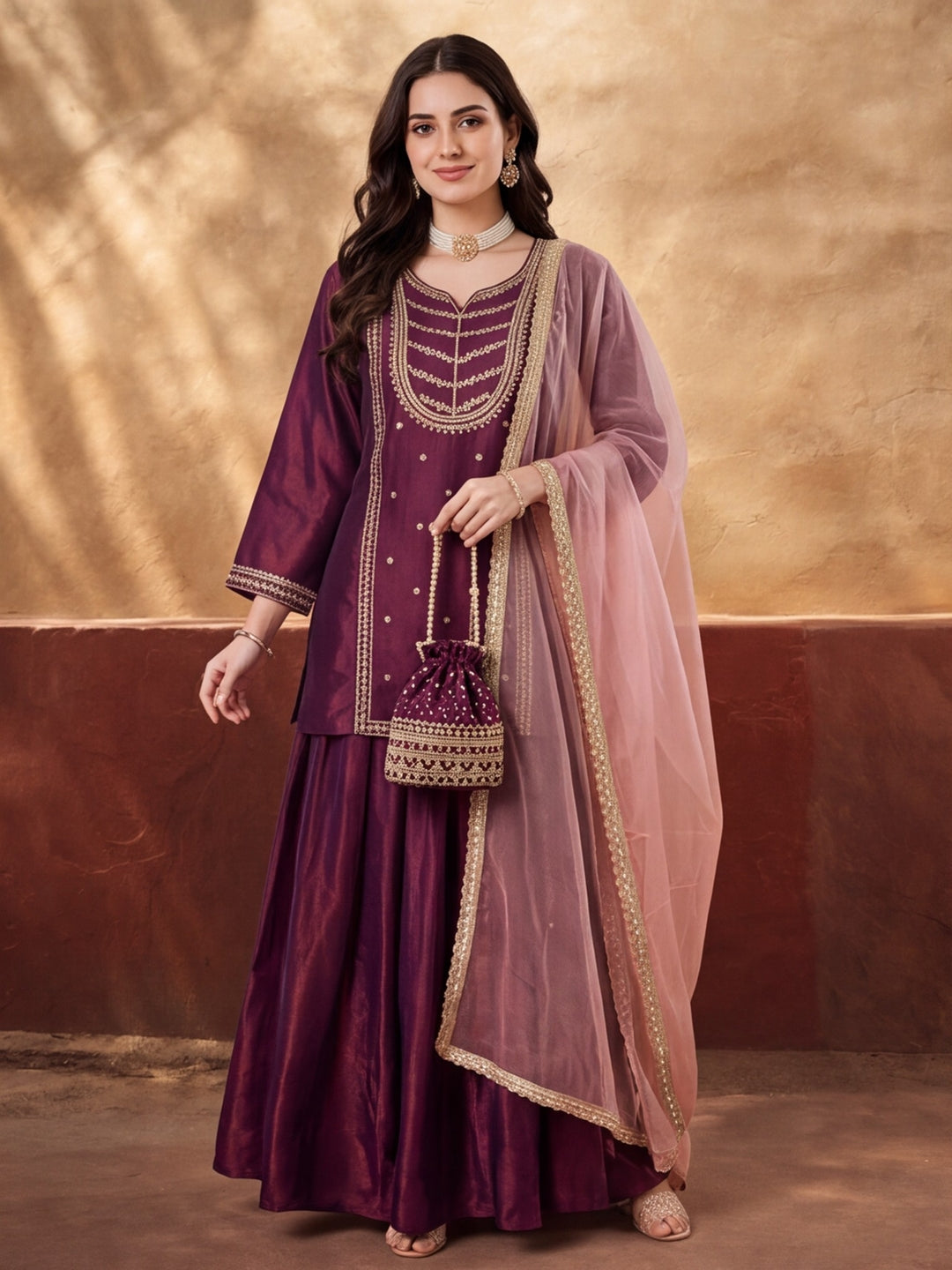 Women's Wine Embroidered Kurta Palazzo Set with Dupatta | Festive Ethnic Party Wear Suit