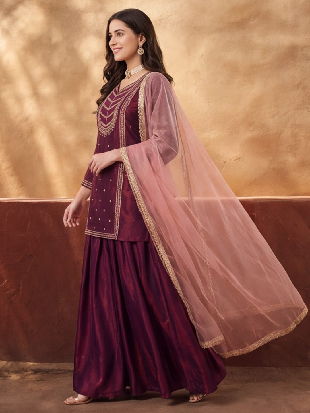 Women's Wine Embroidered Kurta Palazzo Set with Dupatta | Festive Ethnic Party Wear Suit