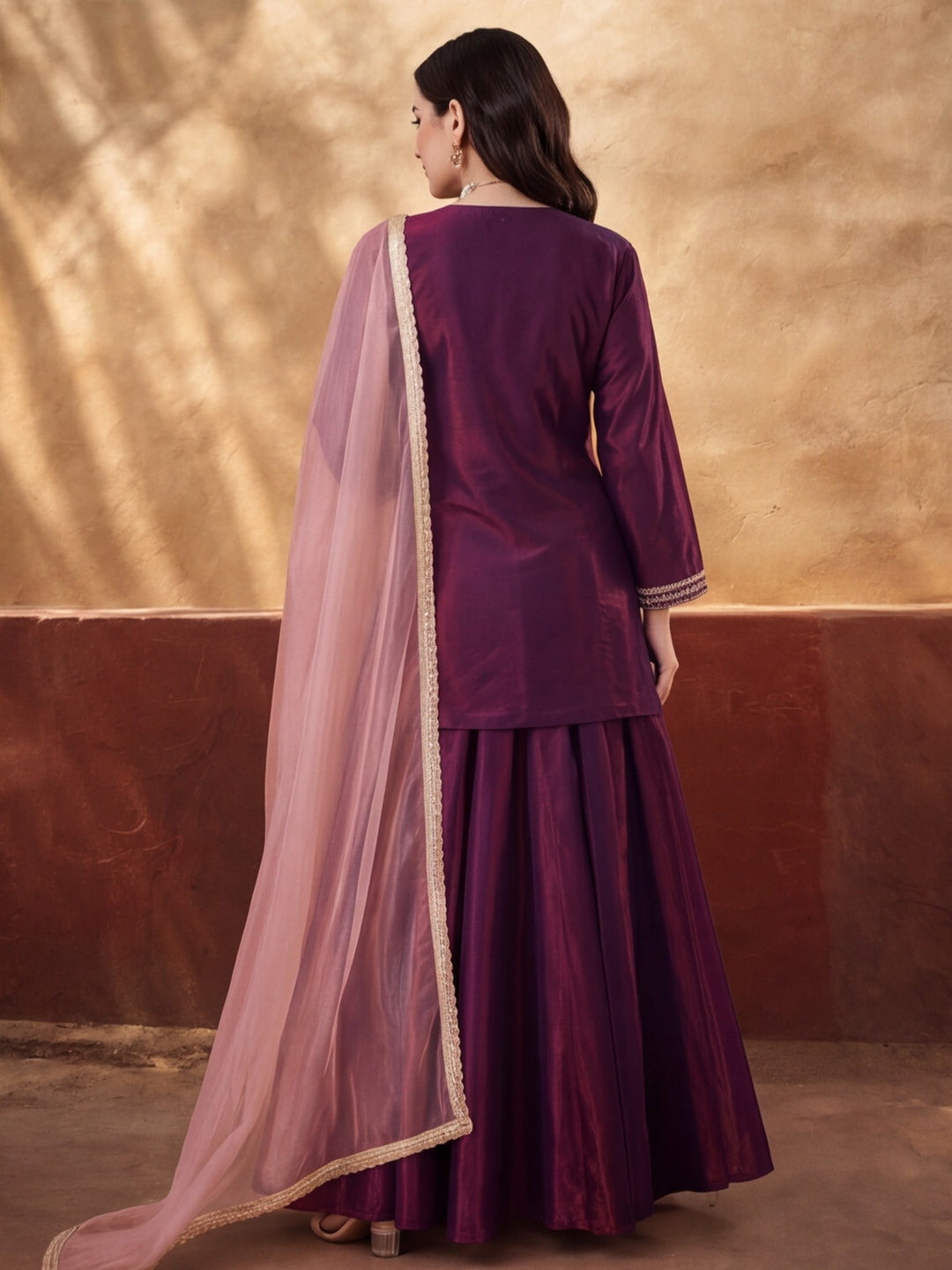 Women's Wine Embroidered Kurta Palazzo Set with Dupatta | Festive Ethnic Party Wear Suit
