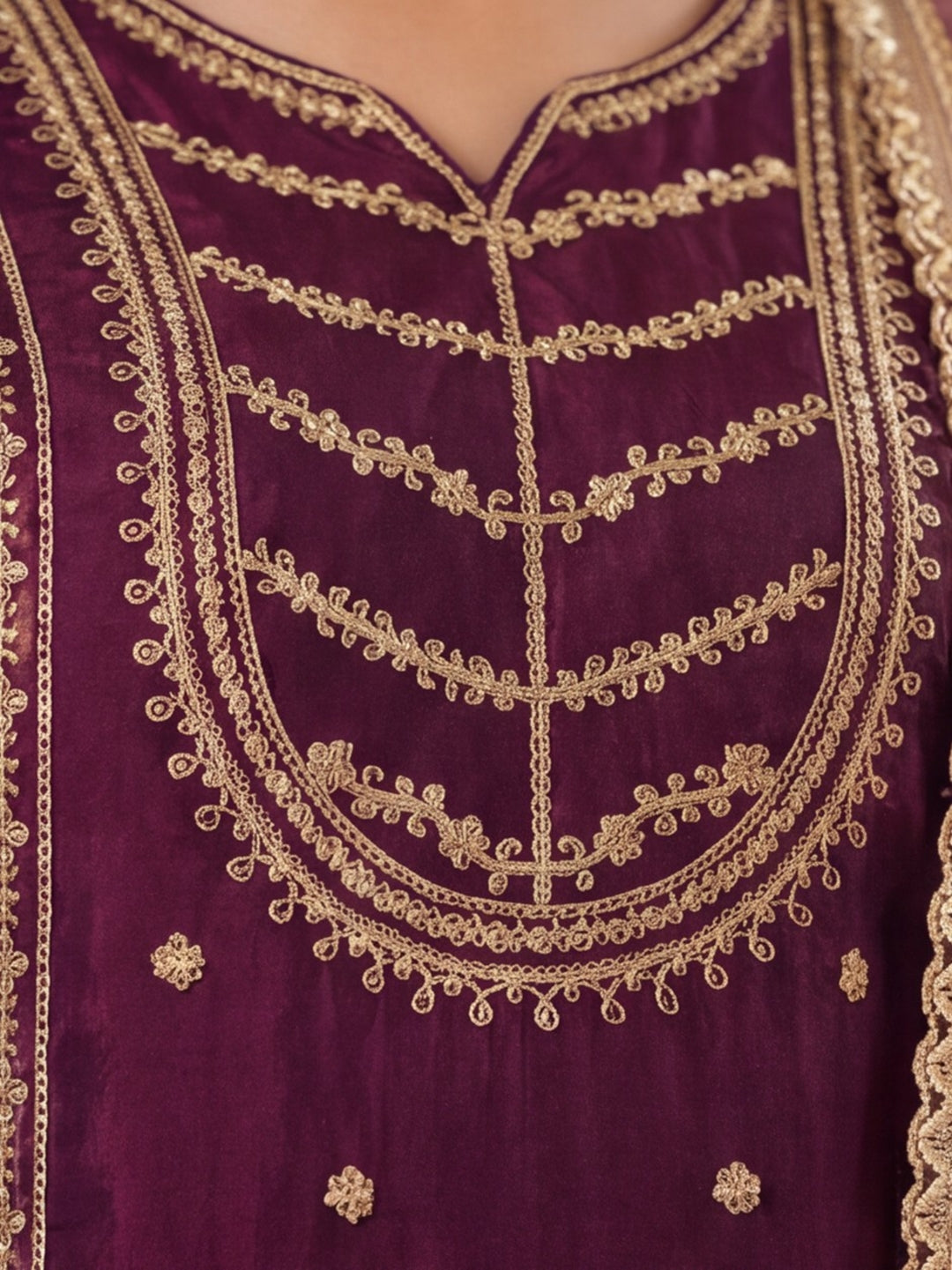 Women's Wine Embroidered Kurta Palazzo Set with Dupatta | Festive Ethnic Party Wear Suit