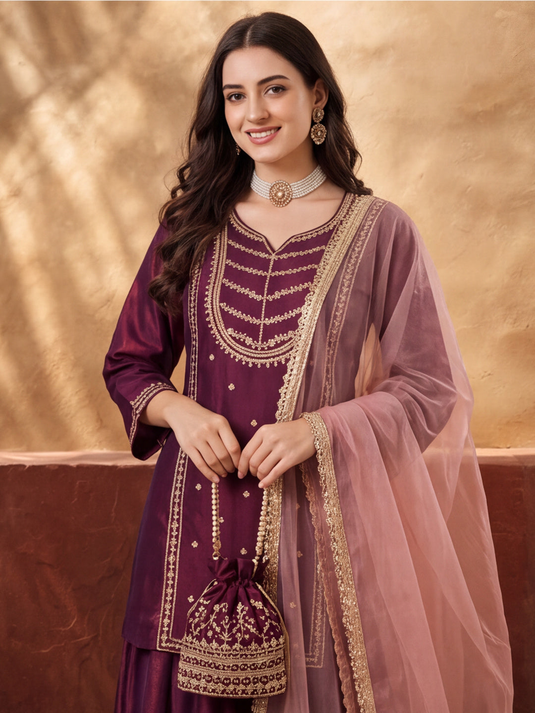 Women's Wine Embroidered Kurta Palazzo Set with Dupatta | Festive Ethnic Party Wear Suit