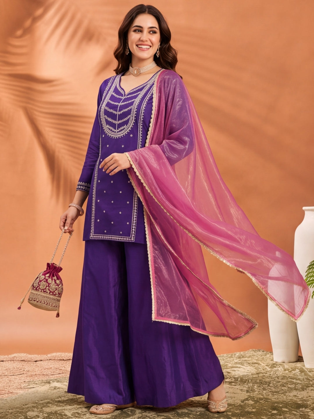 Women's Purple Embroidered Kurta Palazzo Set with Dupatta | Festive Ethnic Party Wear Suit