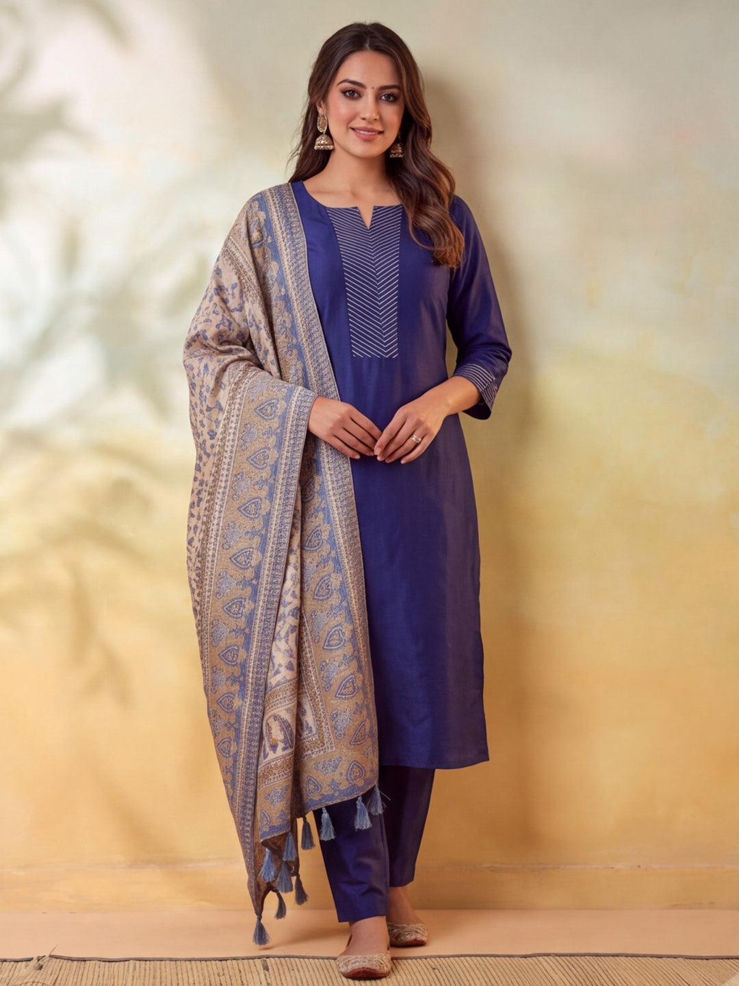 Women Embellished Navy Blue Kurta Set with Dupatta