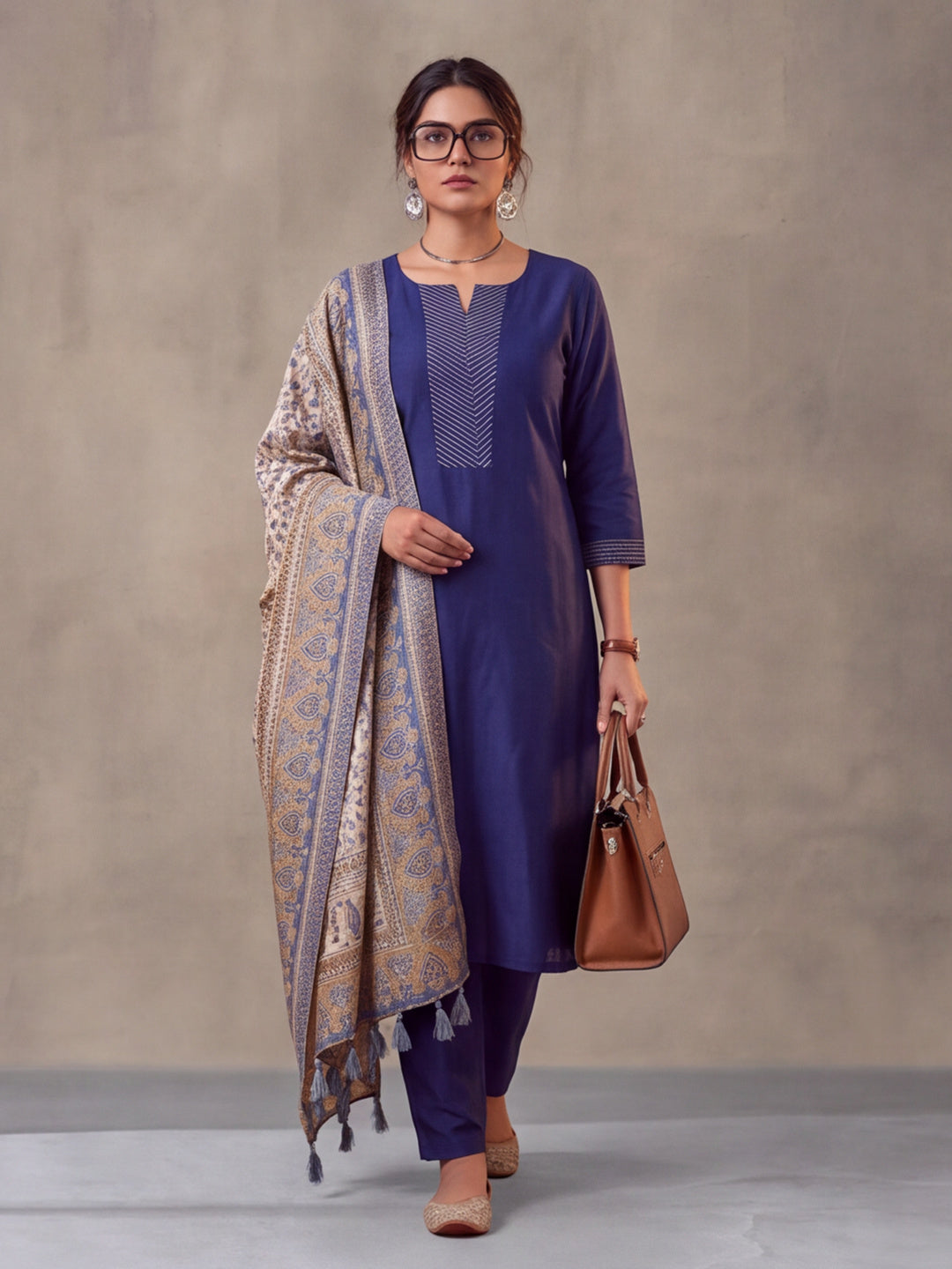 Women Embellished Navy Blue Kurta Set with Dupatta