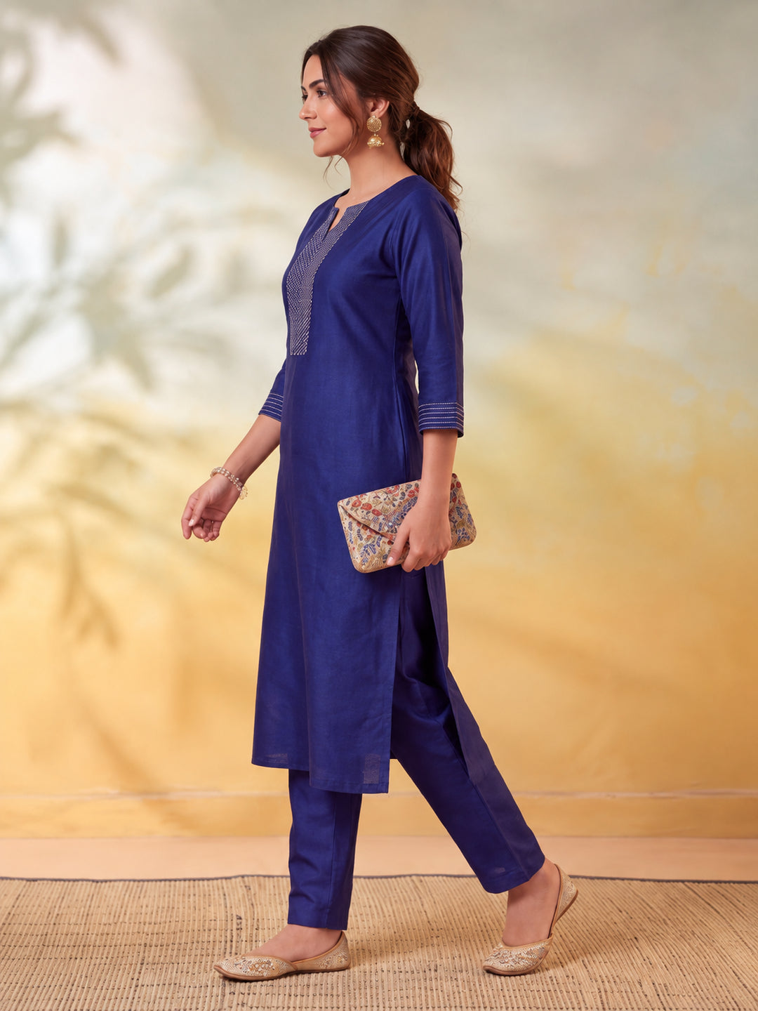 Women Embellished Navy Blue Kurta Set with Dupatta