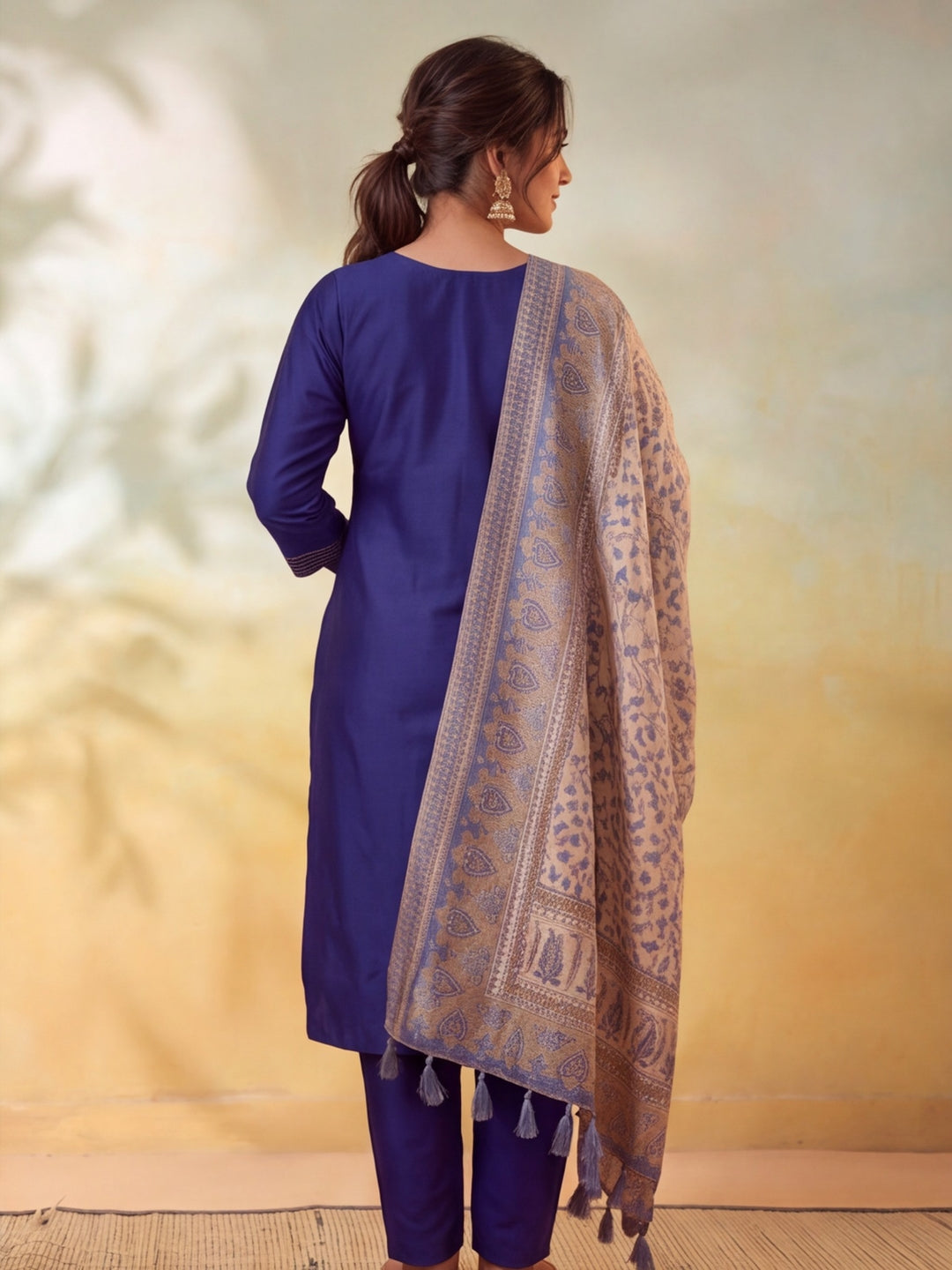 Women Embellished Navy Blue Kurta Set with Dupatta