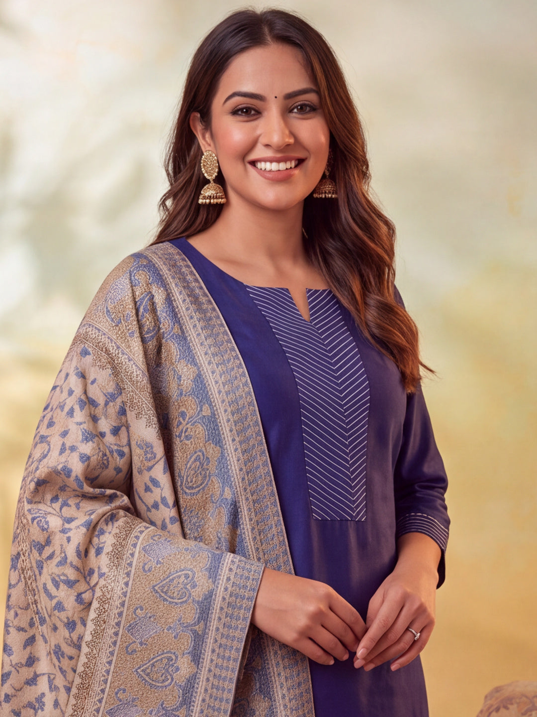 Women Embellished Navy Blue Kurta Set with Dupatta