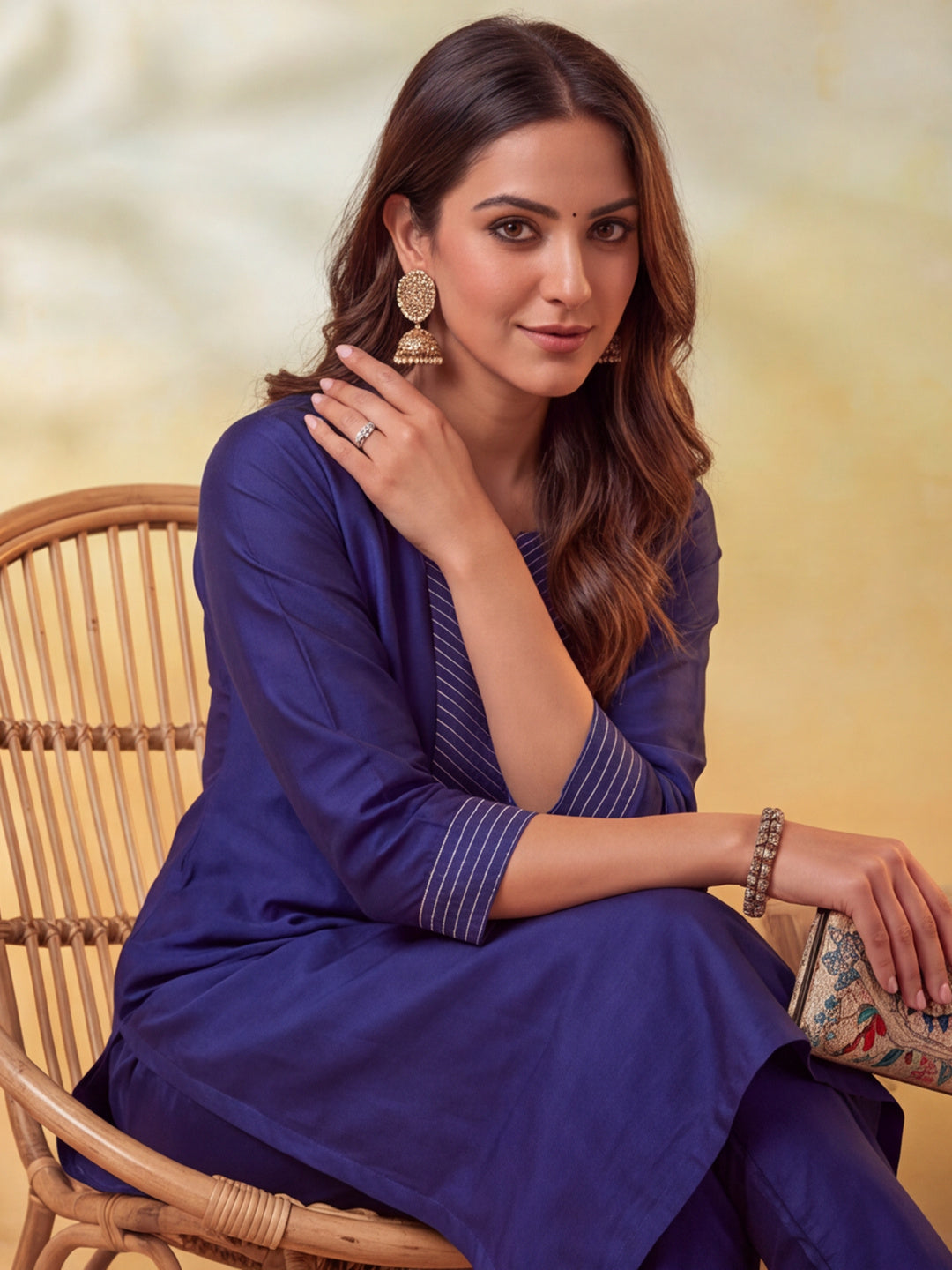 Women Embellished Navy Blue Kurta Set with Dupatta