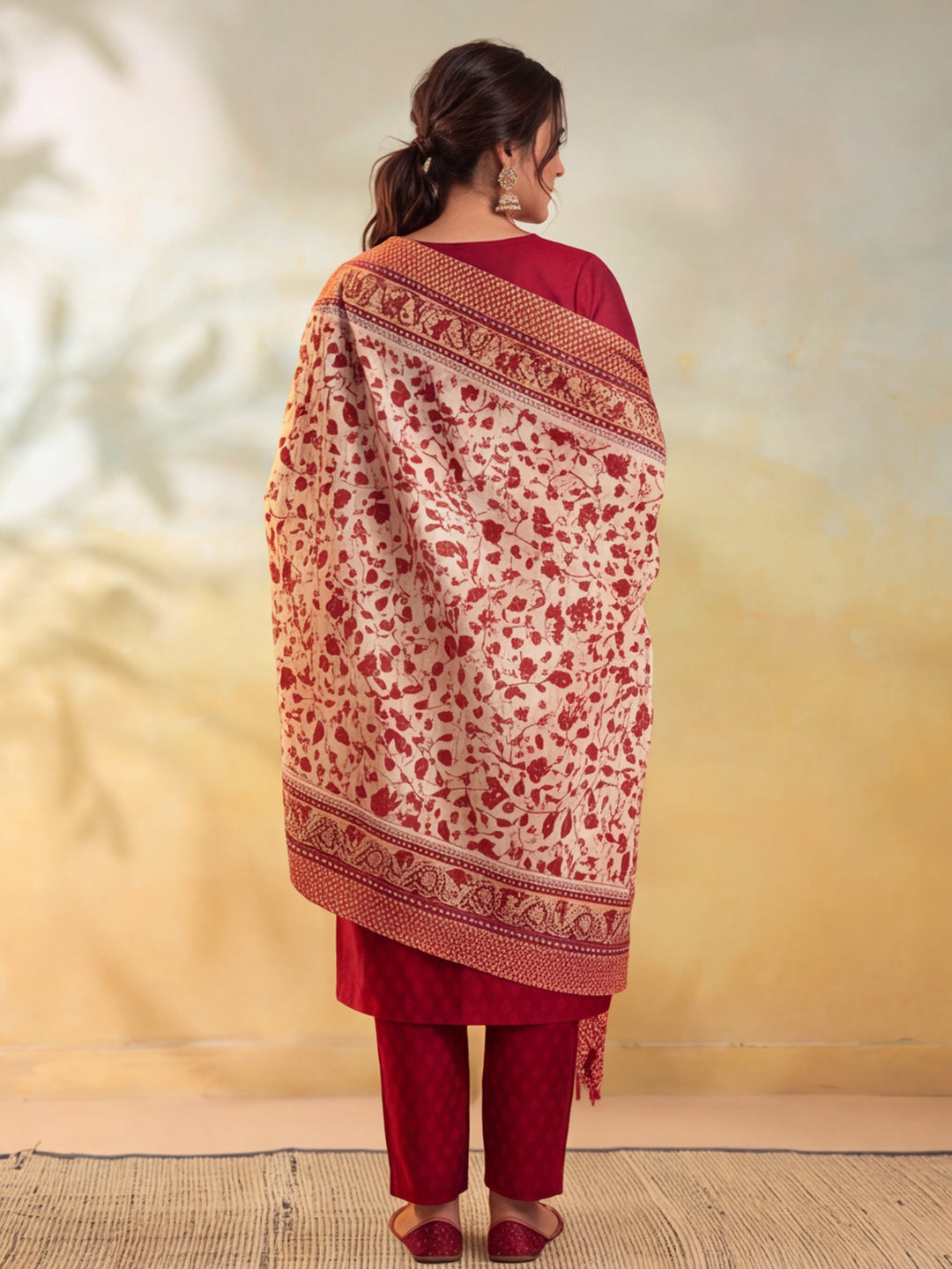 Women Embellished Maroon Kurta Set with Dupatta