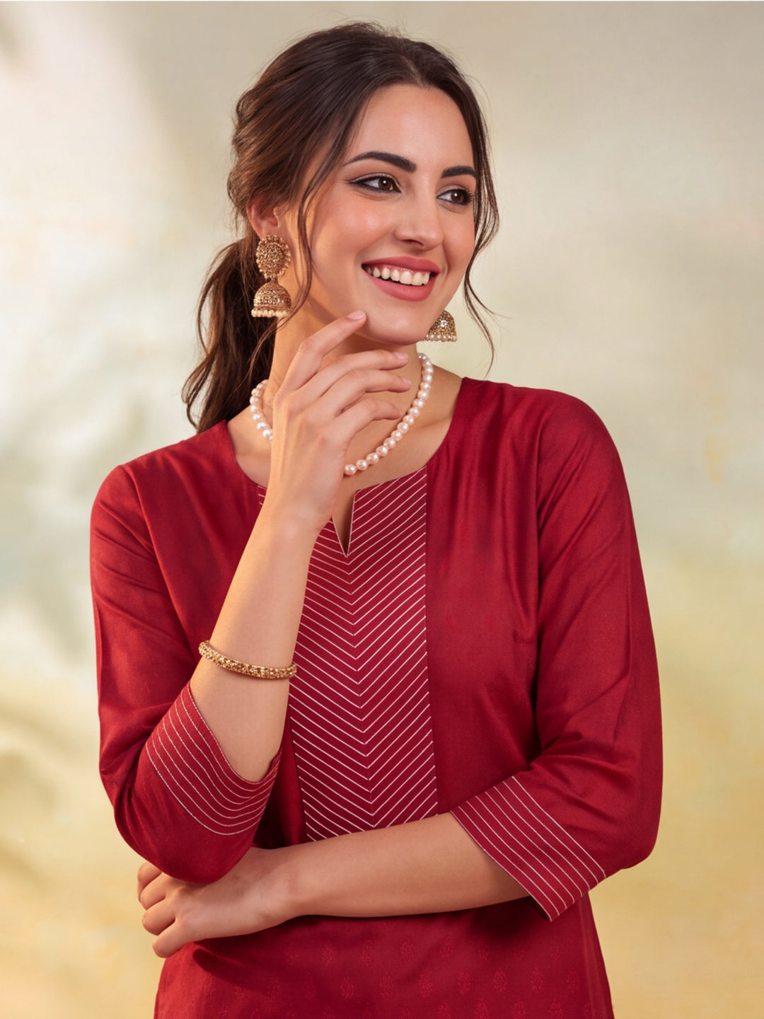 Women Embellished Maroon Kurta Set with Dupatta