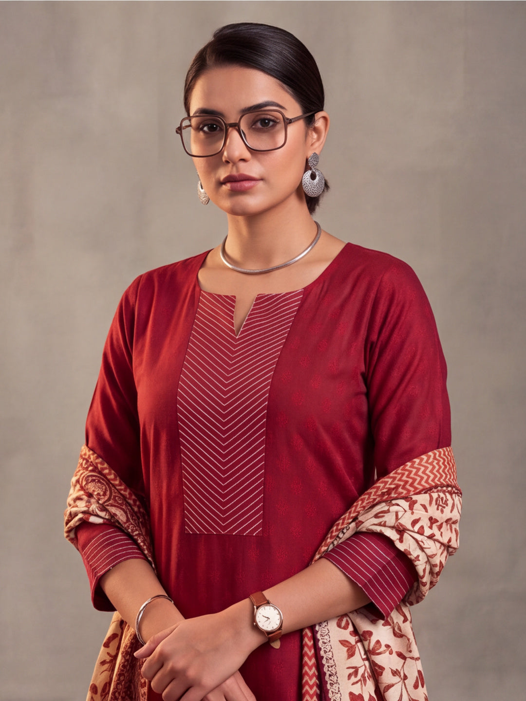 Women Embellished Maroon Kurta Set with Dupatta
