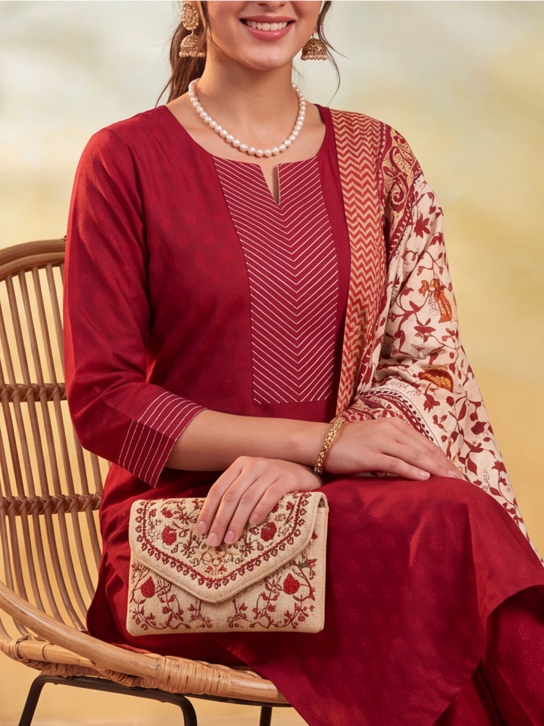 Women Embellished Maroon Kurta Set with Dupatta