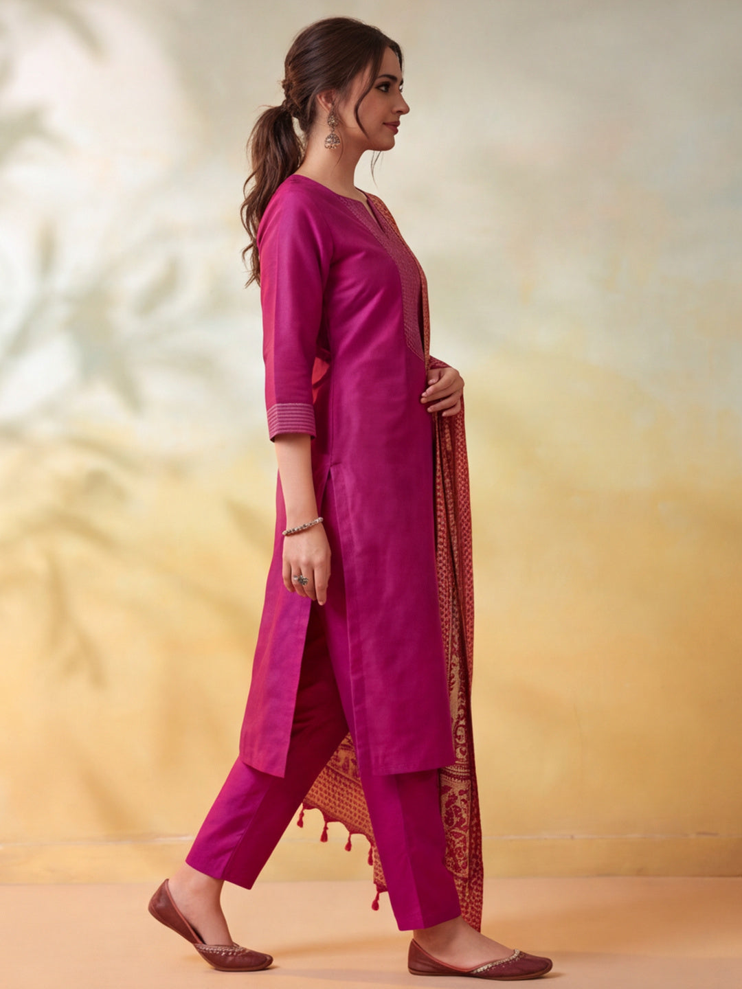 Women Embellished Rani Pink Kurta Set with Dupatta