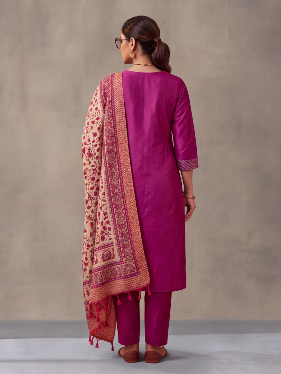 Women Embellished Rani Pink Kurta Set with Dupatta