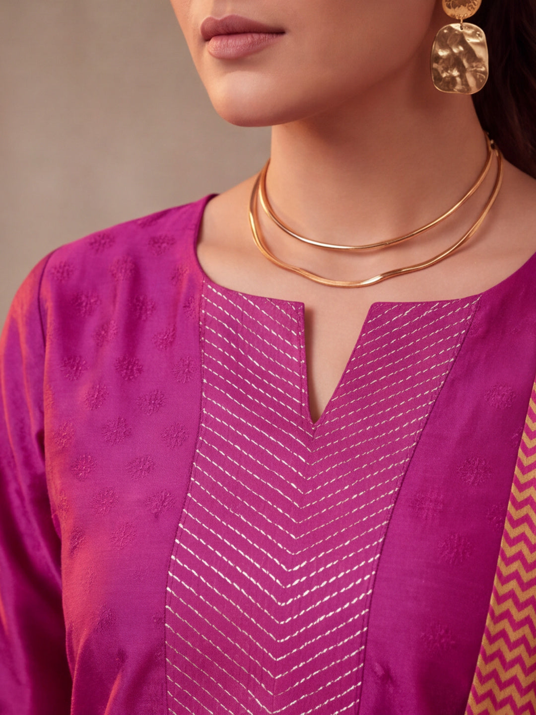 Women Embellished Rani Pink Kurta Set with Dupatta