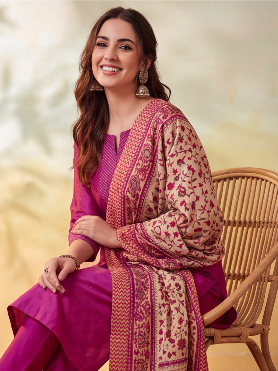 Women Embellished Rani Pink Kurta Set with Dupatta