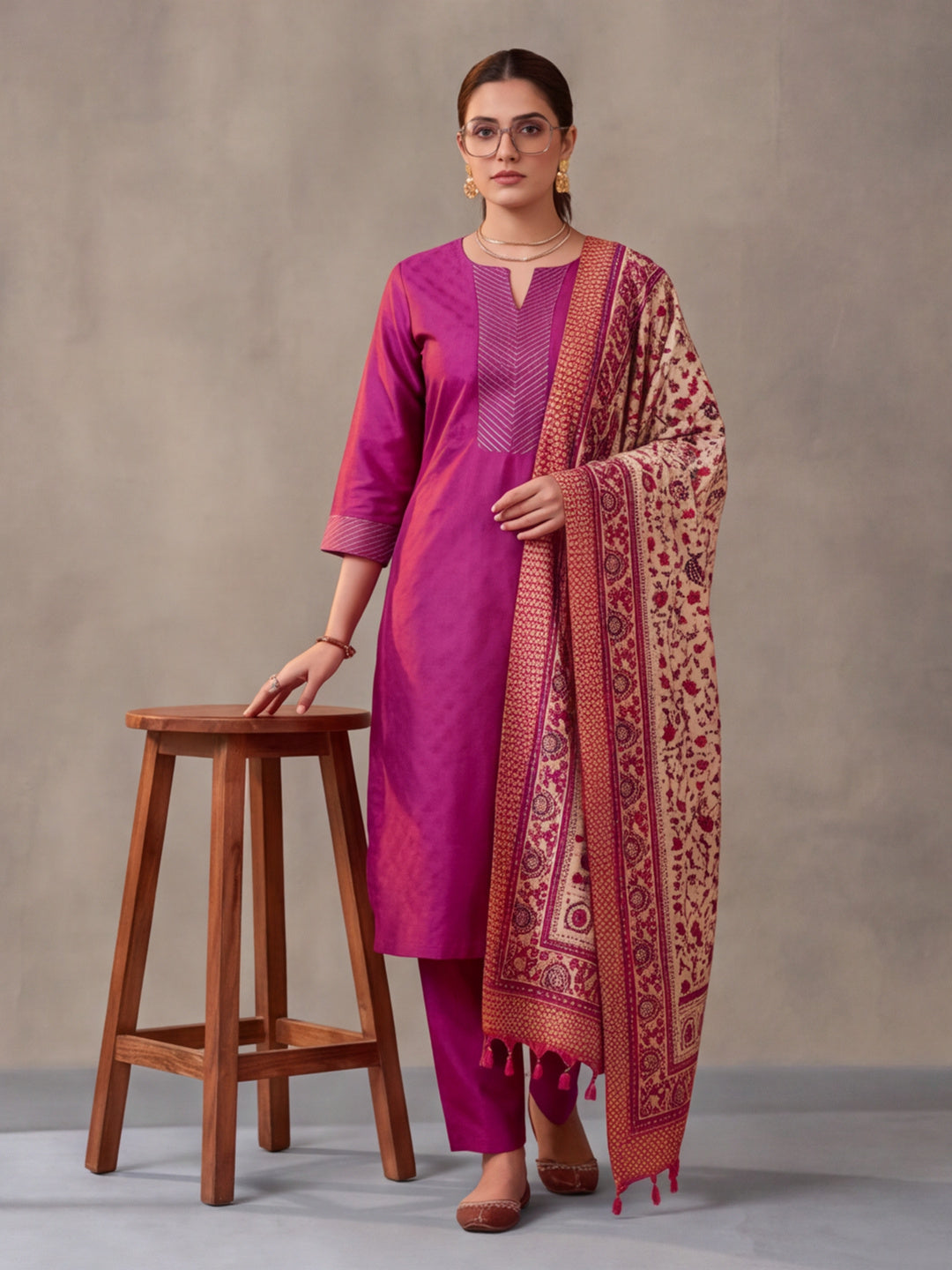 Women Embellished Rani Pink Kurta Set with Dupatta