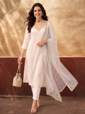 Women's Dark Off White Embroidered Kurta Set with Yellow Dupatta | Festive Straight Ethnic Suit