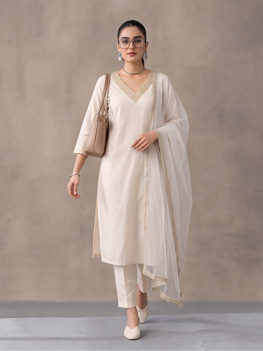 Women's Dark Off White Embroidered Kurta Set with Yellow Dupatta | Festive Straight Ethnic Suit