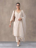 Women's Dark Off White Embroidered Kurta Set with Yellow Dupatta | Festive Straight Ethnic Suit