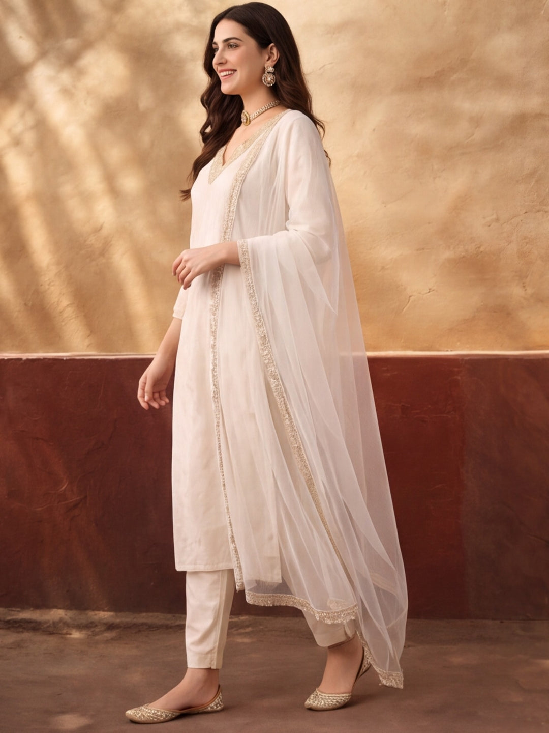 Women's Dark Off White Embroidered Kurta Set with Yellow Dupatta | Festive Straight Ethnic Suit