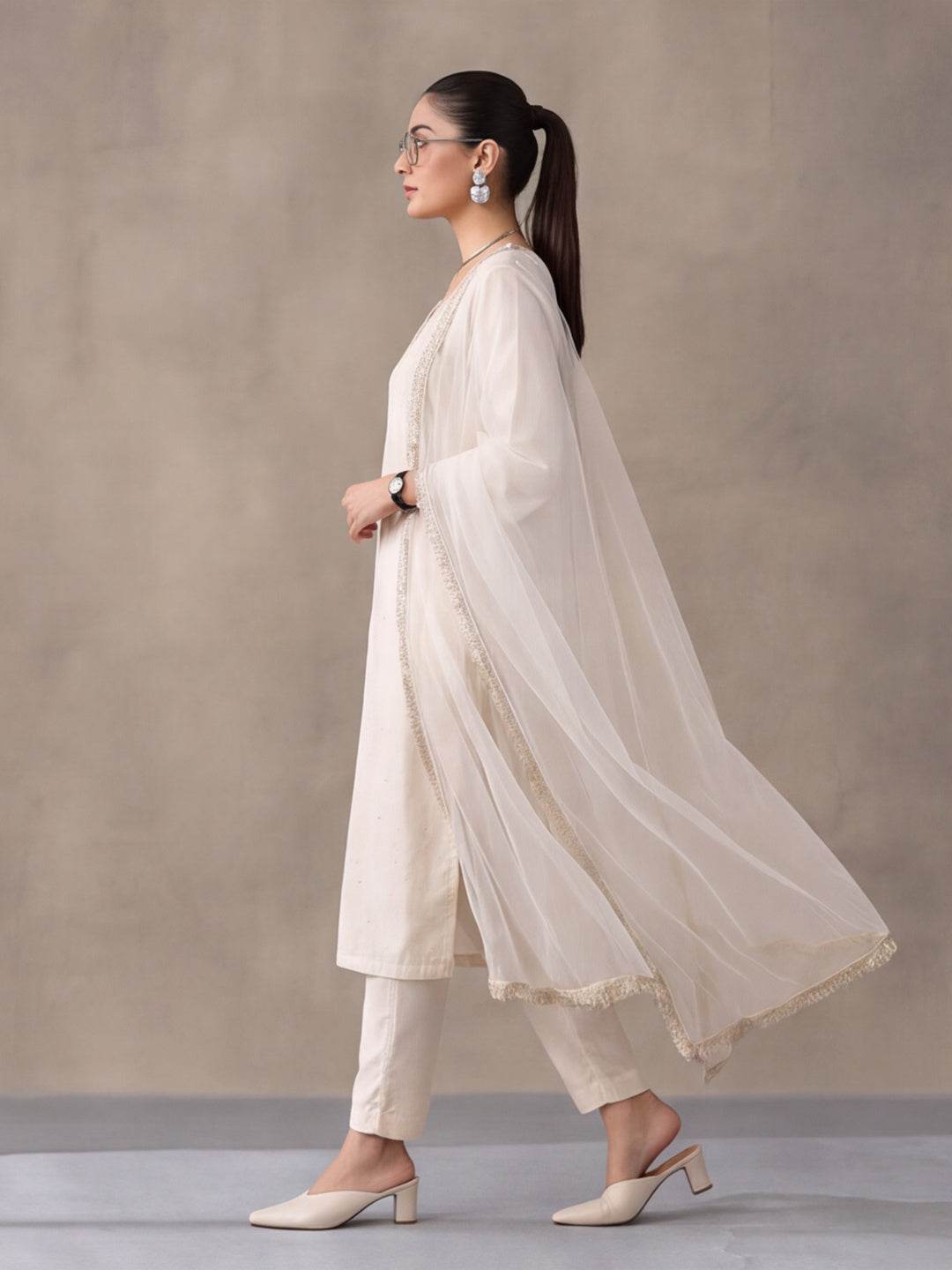 Women's Dark Off White Embroidered Kurta Set with Yellow Dupatta | Festive Straight Ethnic Suit