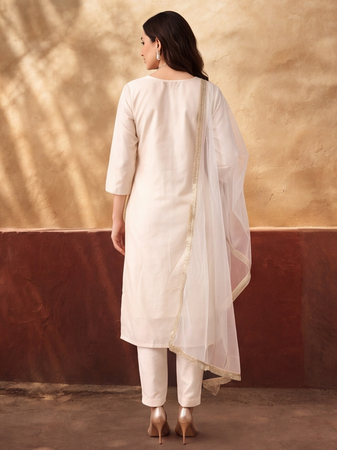 Women's Dark Off White Embroidered Kurta Set with Yellow Dupatta | Festive Straight Ethnic Suit
