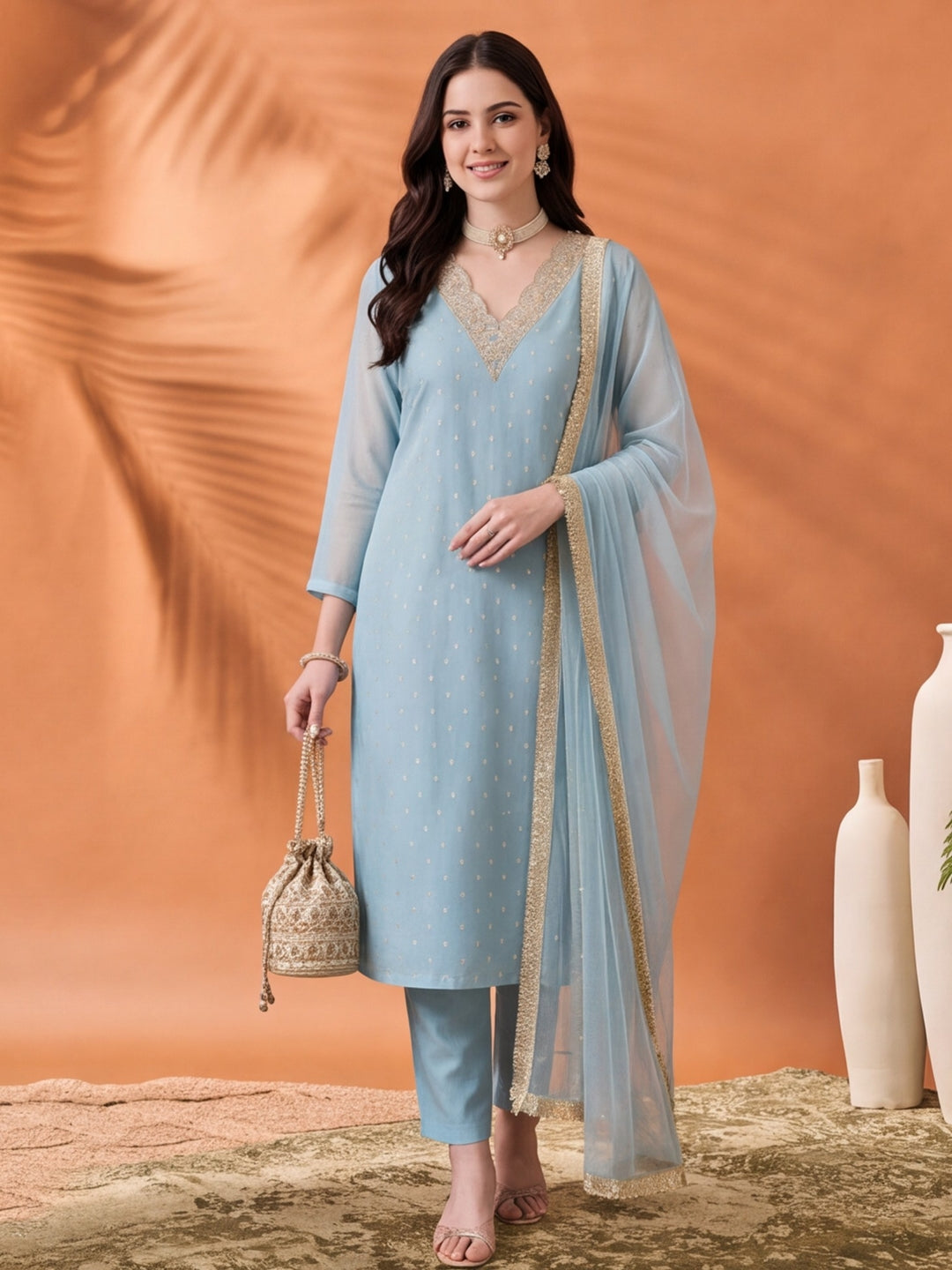 Women's Dark Sky Blue Embroidered Kurta Set with Yellow Dupatta | Festive Straight Ethnic Suit