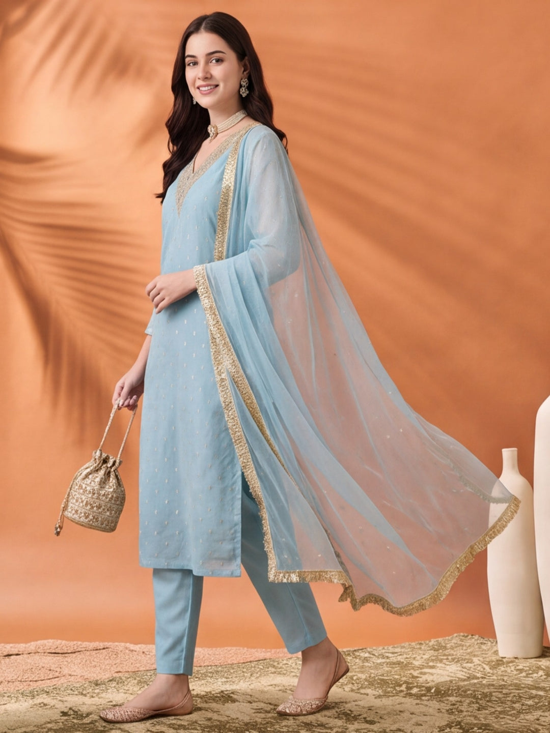 Women's Dark Sky Blue Embroidered Kurta Set with Yellow Dupatta | Festive Straight Ethnic Suit