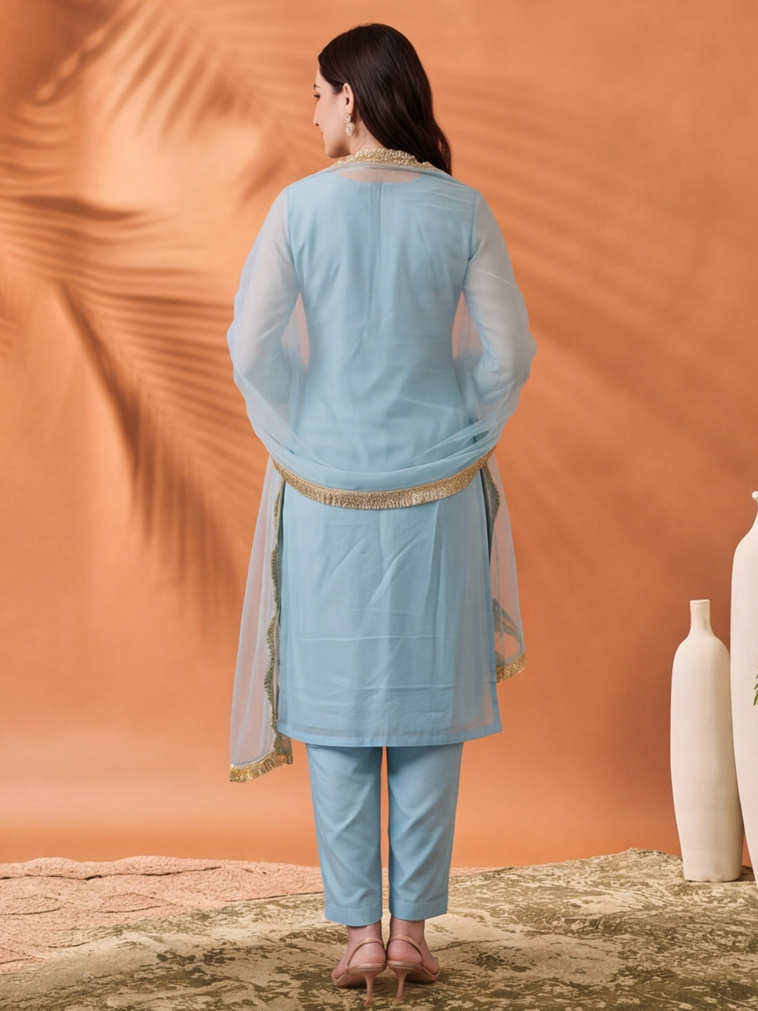 Women's Dark Sky Blue Embroidered Kurta Set with Yellow Dupatta | Festive Straight Ethnic Suit