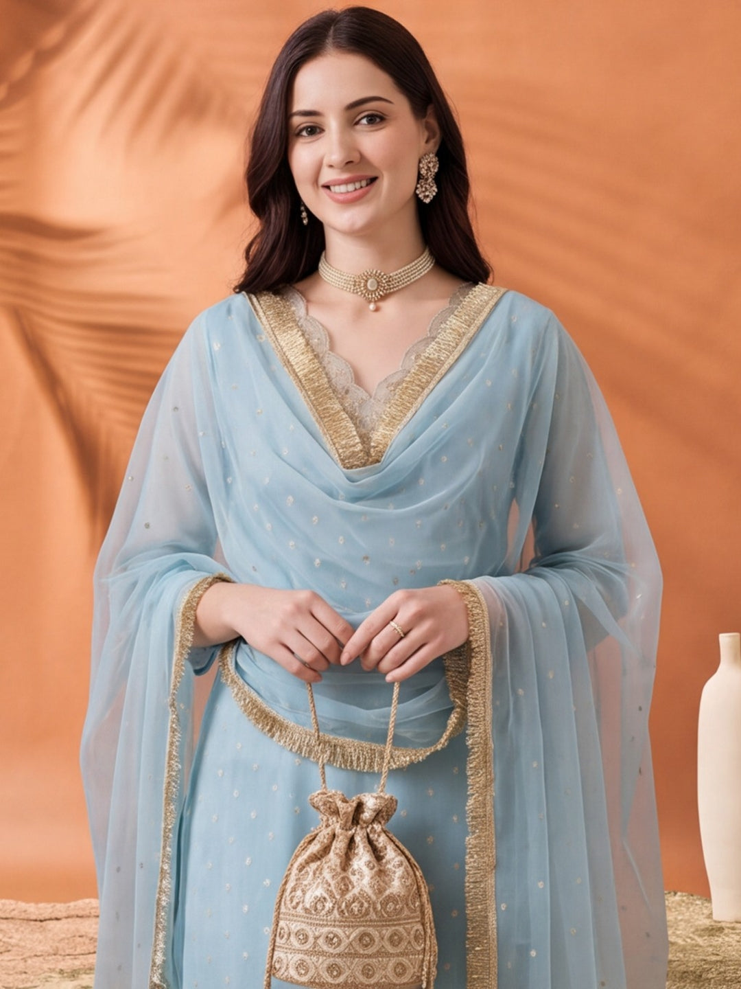 Women's Dark Sky Blue Embroidered Kurta Set with Yellow Dupatta | Festive Straight Ethnic Suit