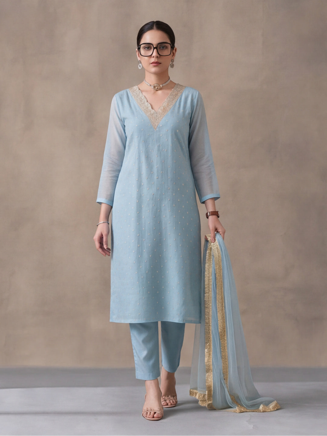 Women's Dark Sky Blue Embroidered Kurta Set with Yellow Dupatta | Festive Straight Ethnic Suit