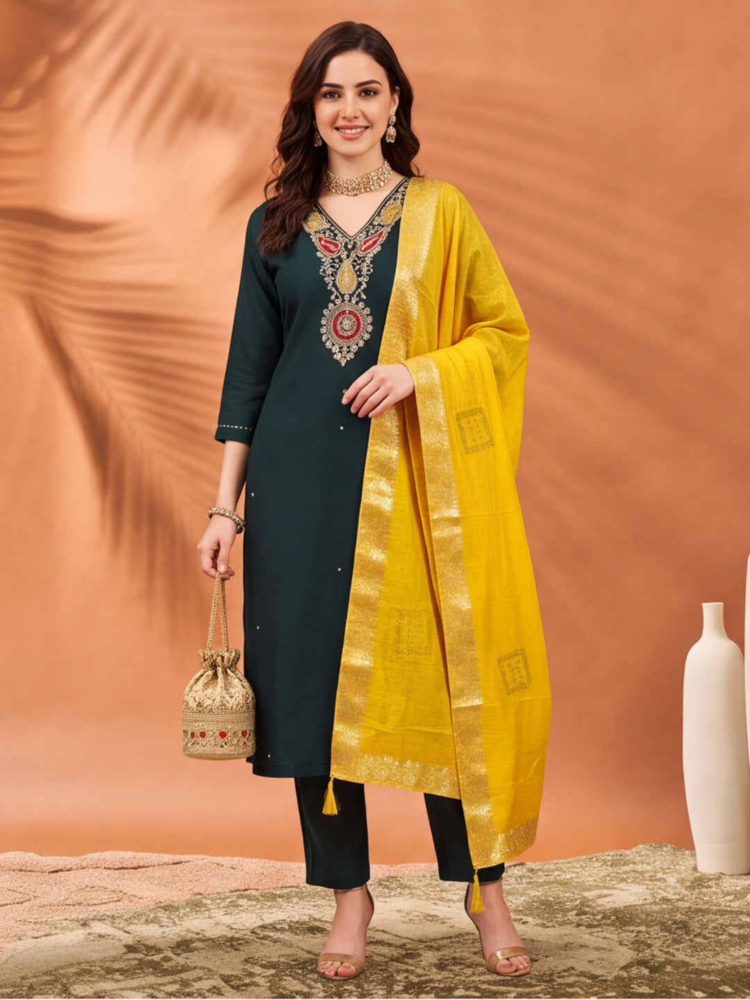 Women's Dark Green Embroidered Kurta Set with Yellow Dupatta | Festive Straight Ethnic Suit