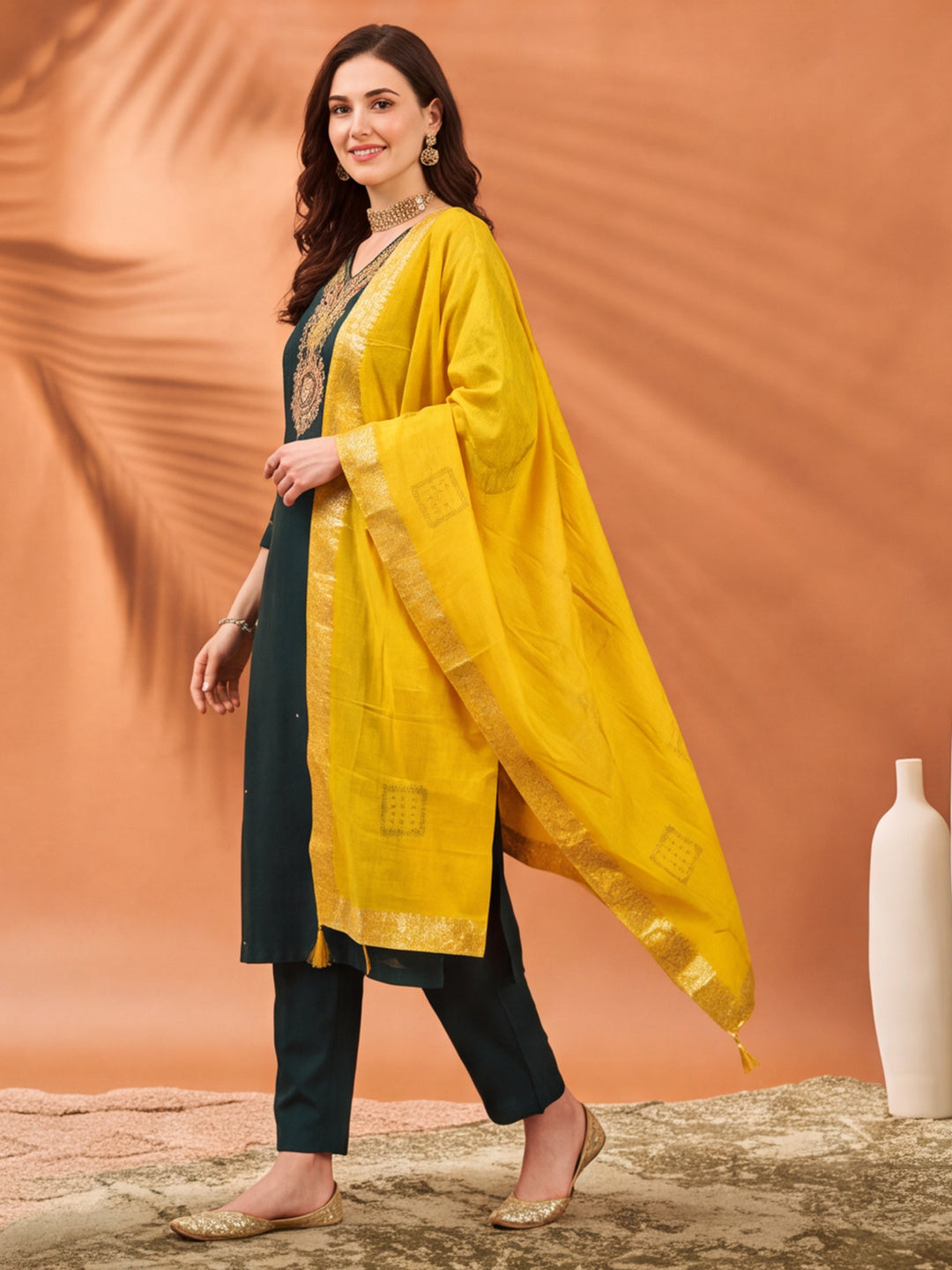Women's Dark Green Embroidered Kurta Set with Yellow Dupatta | Festive Straight Ethnic Suit