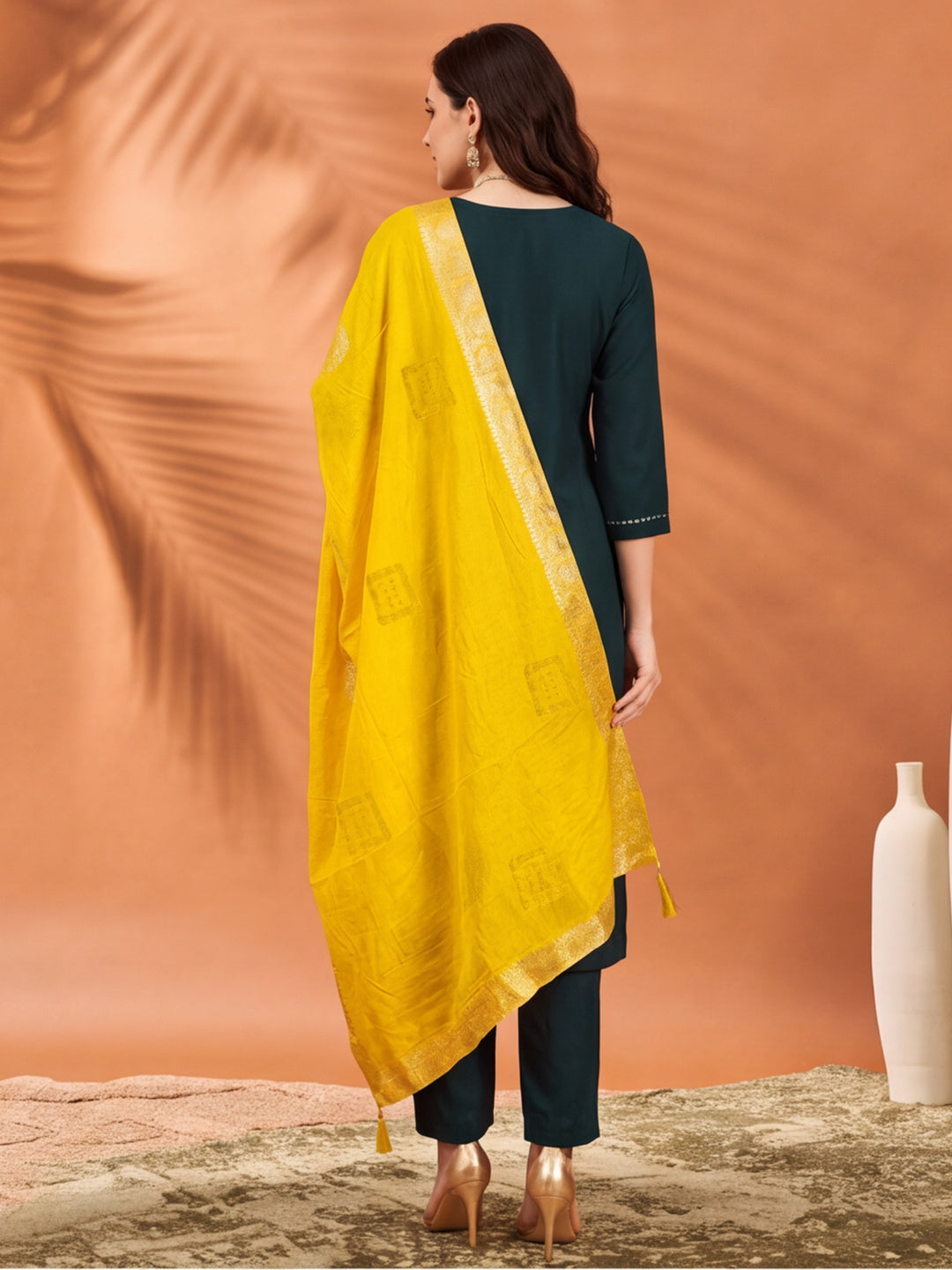 Women's Dark Green Embroidered Kurta Set with Yellow Dupatta | Festive Straight Ethnic Suit