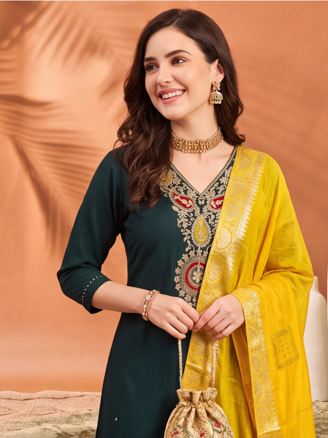 Women's Dark Green Embroidered Kurta Set with Yellow Dupatta | Festive Straight Ethnic Suit