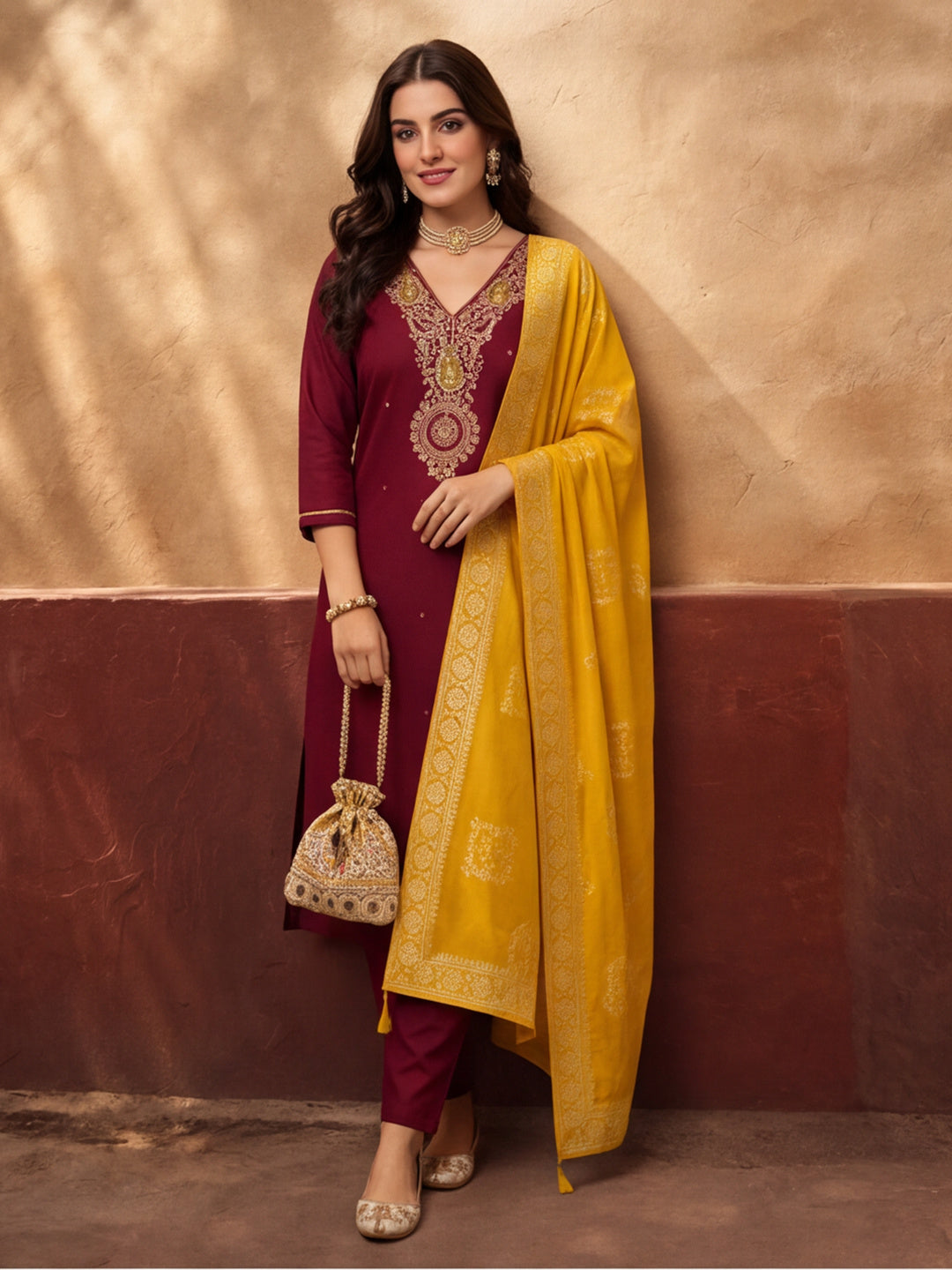 Women's Dark Maroon Embroidered Kurta Set with Yellow Dupatta | Festive Straight Ethnic Suit