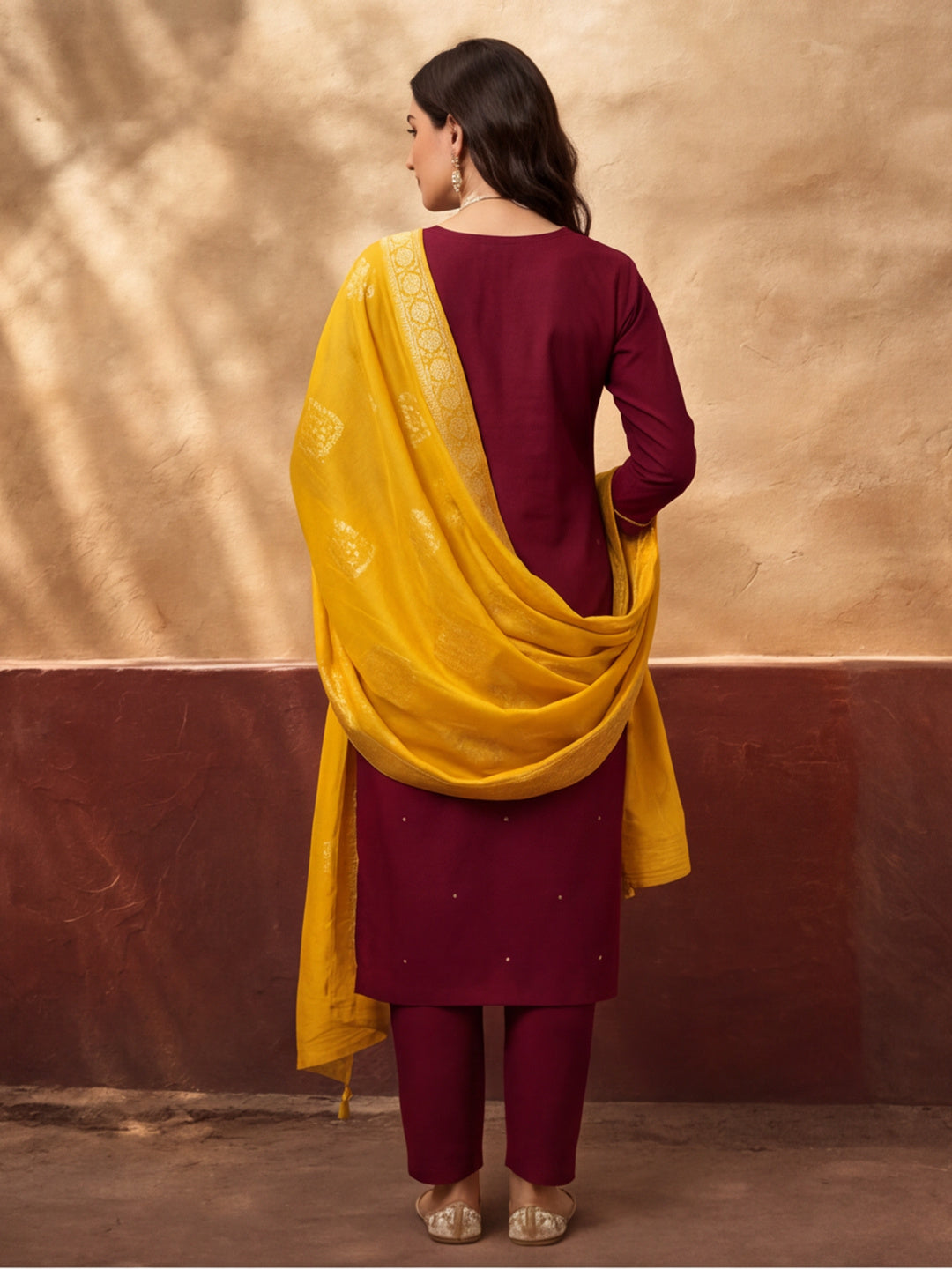 Women's Dark Maroon Embroidered Kurta Set with Yellow Dupatta | Festive Straight Ethnic Suit