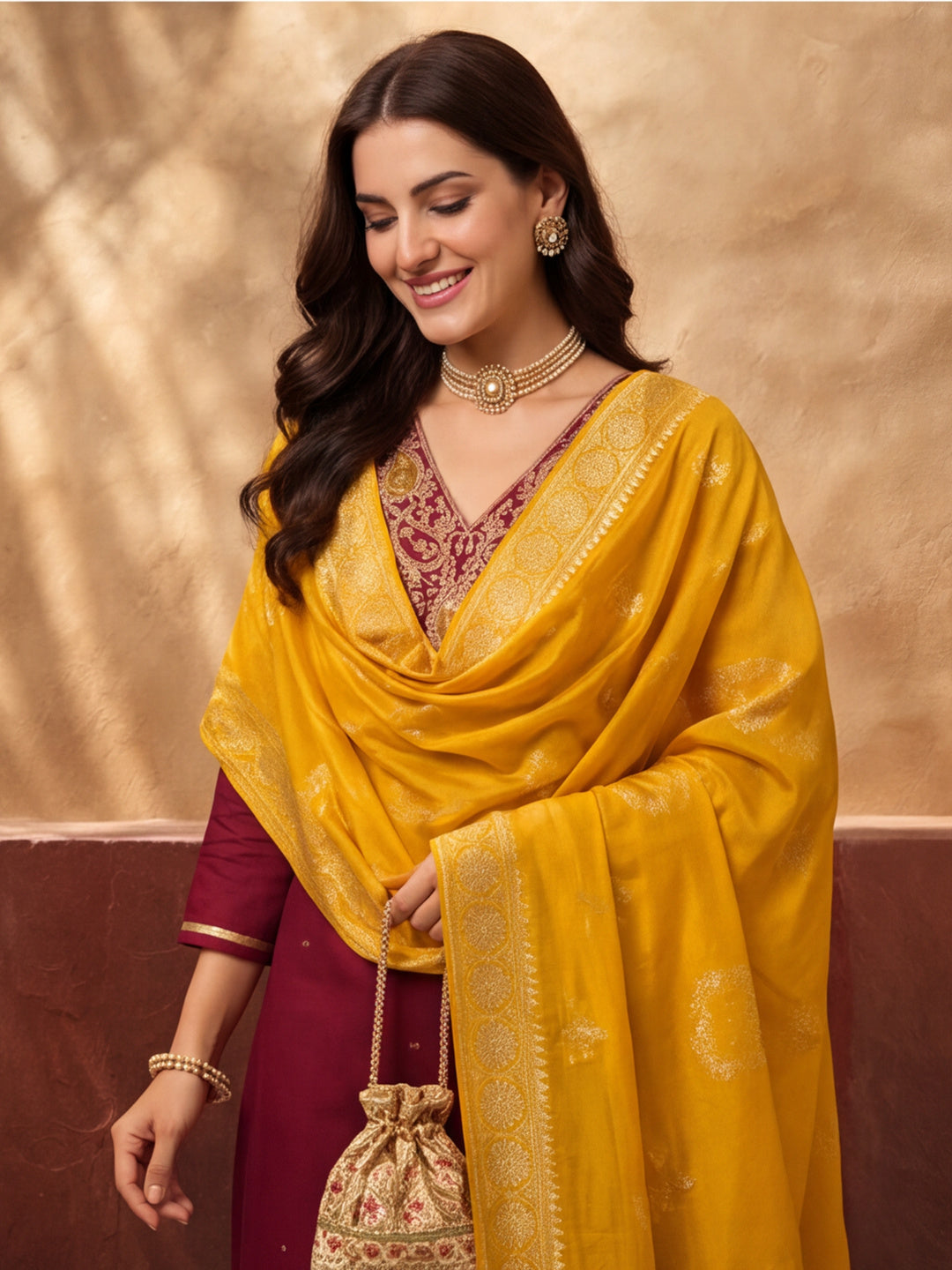 Women's Dark Maroon Embroidered Kurta Set with Yellow Dupatta | Festive Straight Ethnic Suit