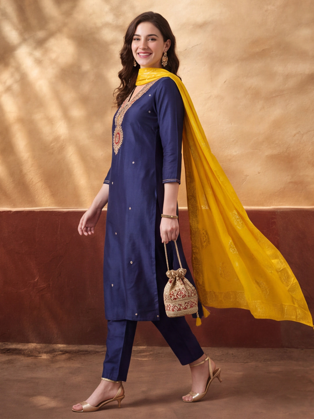 Women's Dark Navy Blue Embroidered Kurta Set with Yellow Dupatta | Festive Straight Ethnic Suit