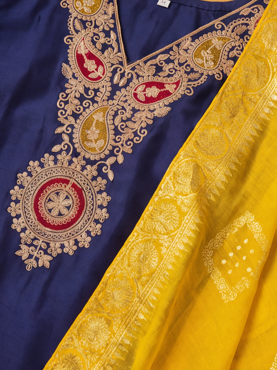 Women's Dark Navy Blue Embroidered Kurta Set with Yellow Dupatta | Festive Straight Ethnic Suit