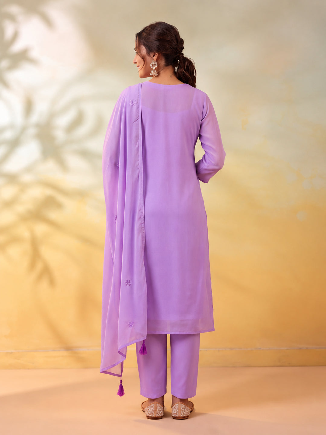 Women Textured Lavender Kurta Set with Dupatta