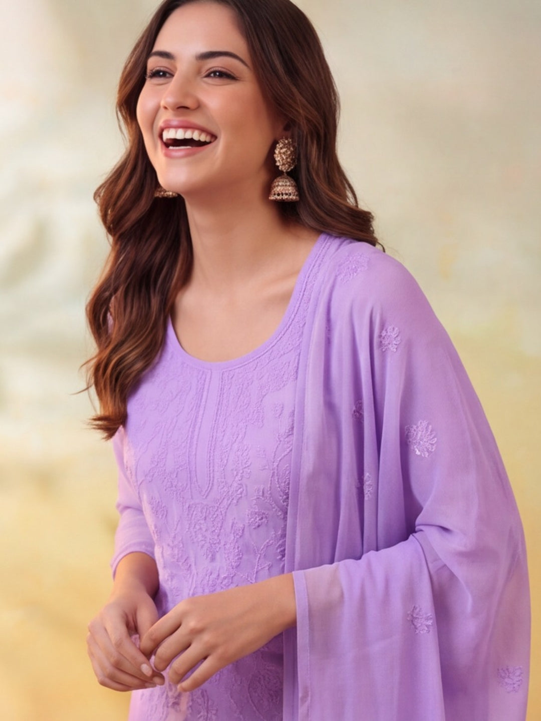 Women Textured Lavender Kurta Set with Dupatta
