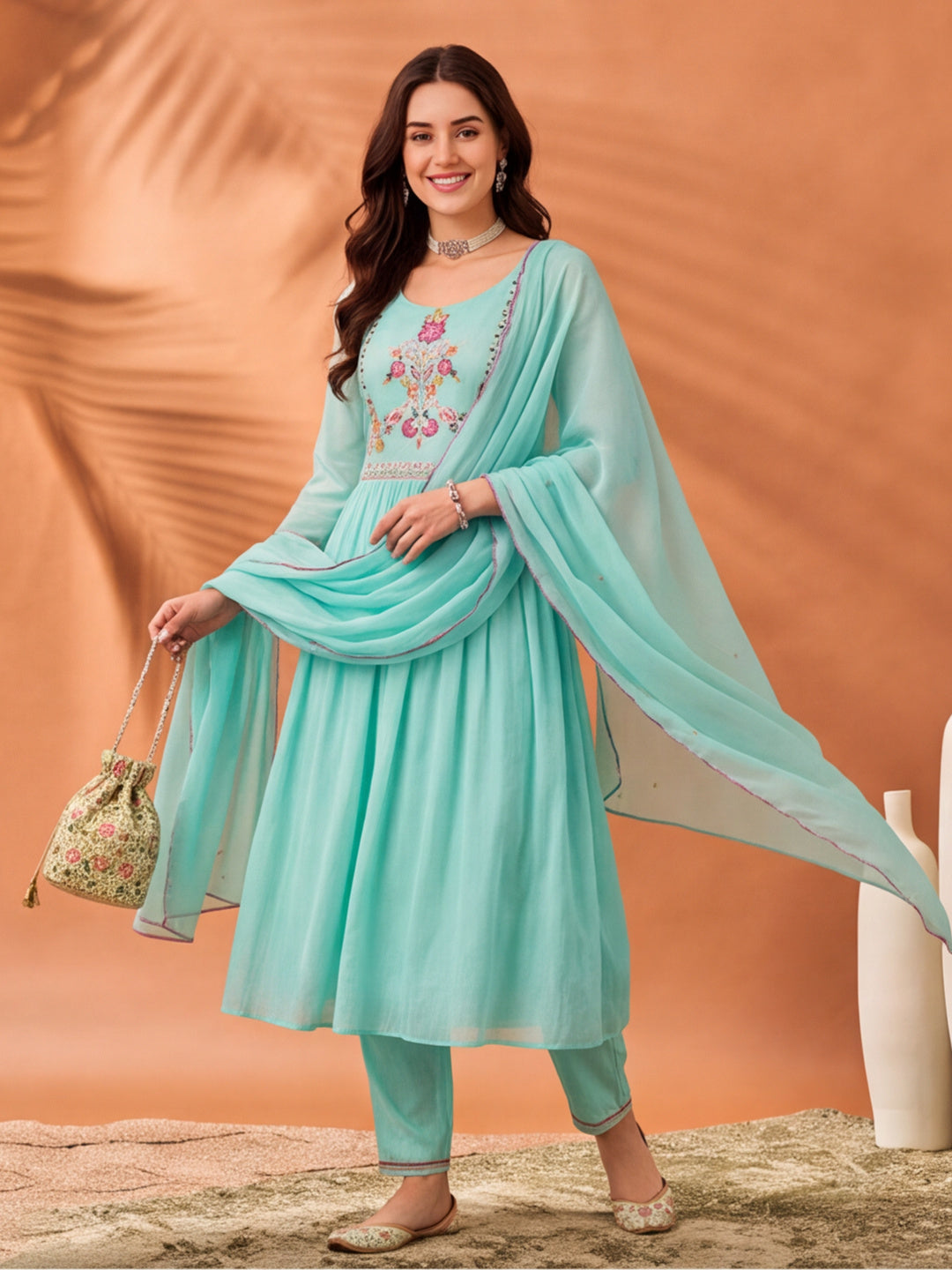 Women's Mint Green Embroidered Anarkali Kurta Set with Dupatta | Festive Ethnic Suit