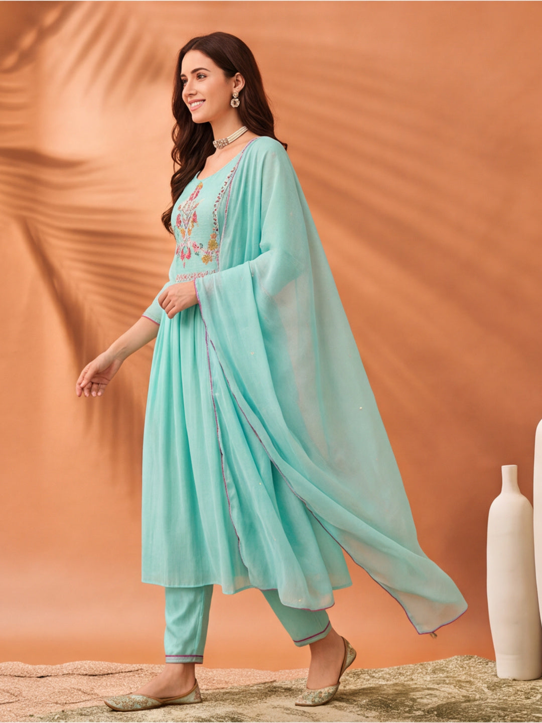 Women's Mint Green Embroidered Anarkali Kurta Set with Dupatta | Festive Ethnic Suit