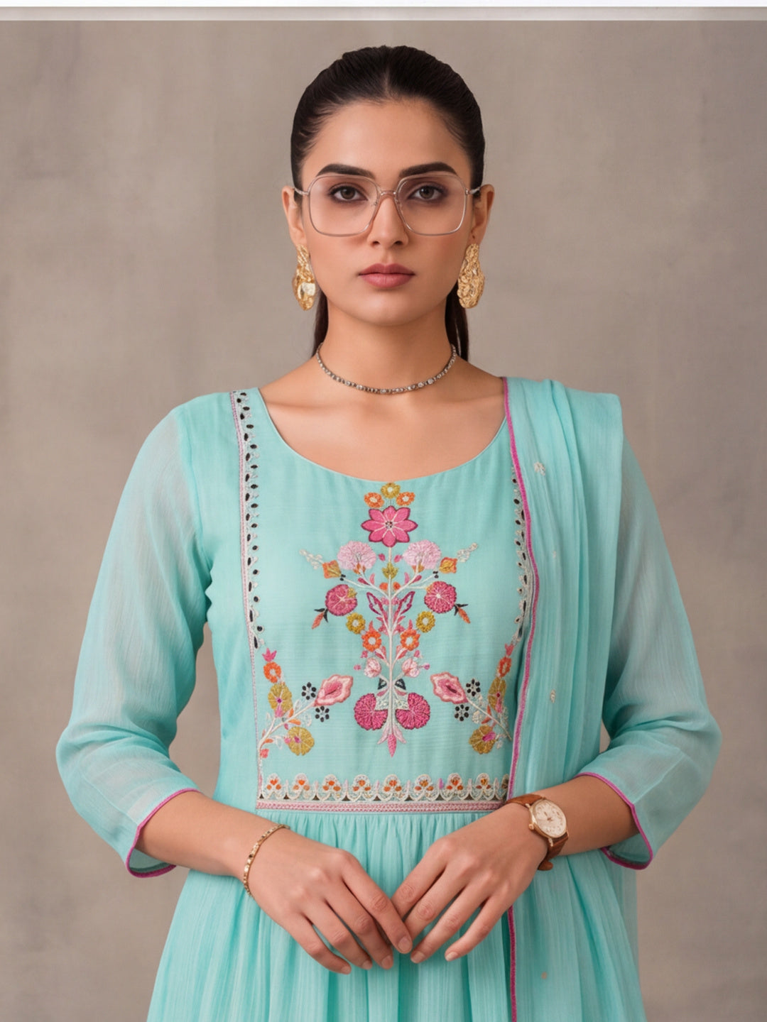 Women's Mint Green Embroidered Anarkali Kurta Set with Dupatta | Festive Ethnic Suit